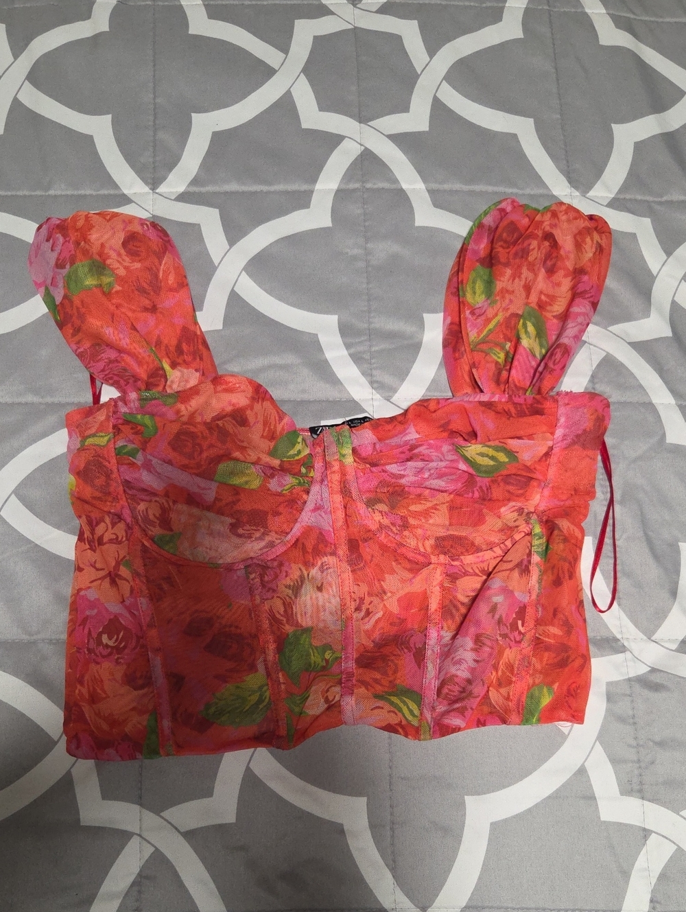 Zara Coral Pink Floral Bustier Crop Top